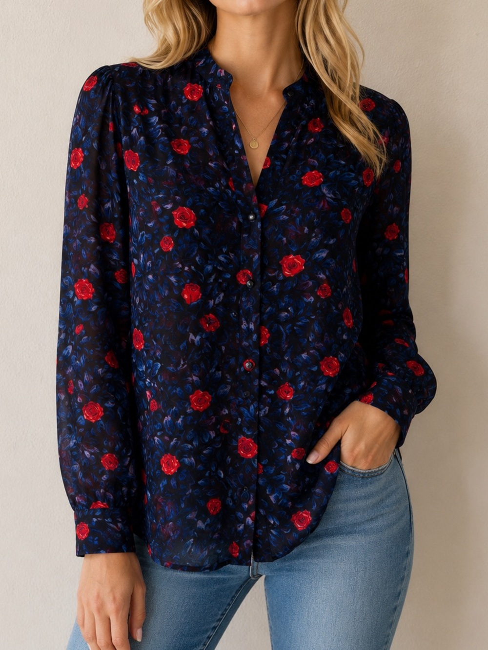 The Kooples Poison Rose Black Button-Up Shirt with Red Floral Print